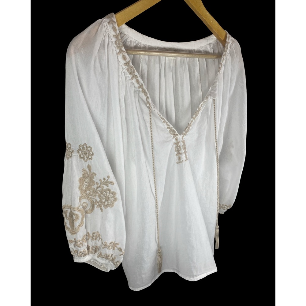 Artelier Nicole Miller White Embroidered Cotton Peasant Blouse Tassel Top S EUC - Picture 4 of 10